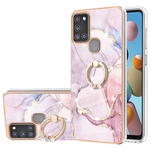 Silicone Candy Rubber Gel Fashionable Pattern Soft Case Cover with Finger Ring Stand Y05B for Samsung Galaxy A21s Pink