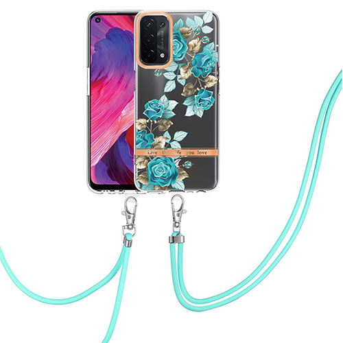 Silicone Candy Rubber Gel Fashionable Pattern Soft Case Cover with Finger Ring Stand Y06B for Oppo A74 5G Cyan