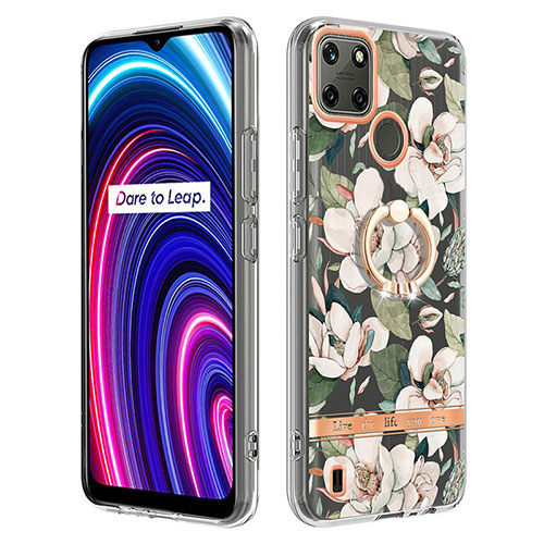 Silicone Candy Rubber Gel Fashionable Pattern Soft Case Cover with Finger Ring Stand Y06B for Realme C25Y India White