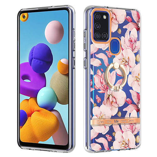 Silicone Candy Rubber Gel Fashionable Pattern Soft Case Cover with Finger Ring Stand Y06B for Samsung Galaxy A21s Pink