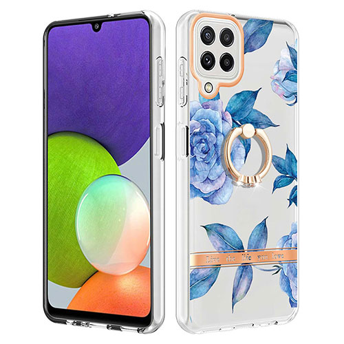 Silicone Candy Rubber Gel Fashionable Pattern Soft Case Cover with Finger Ring Stand Y06B for Samsung Galaxy A22 4G Blue