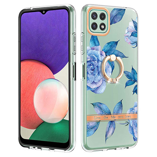 Silicone Candy Rubber Gel Fashionable Pattern Soft Case Cover with Finger Ring Stand Y06B for Samsung Galaxy A22 5G Blue