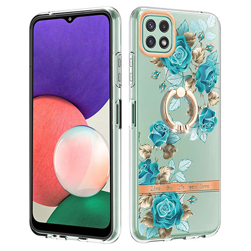Silicone Candy Rubber Gel Fashionable Pattern Soft Case Cover with Finger Ring Stand Y06B for Samsung Galaxy A22s 5G Cyan