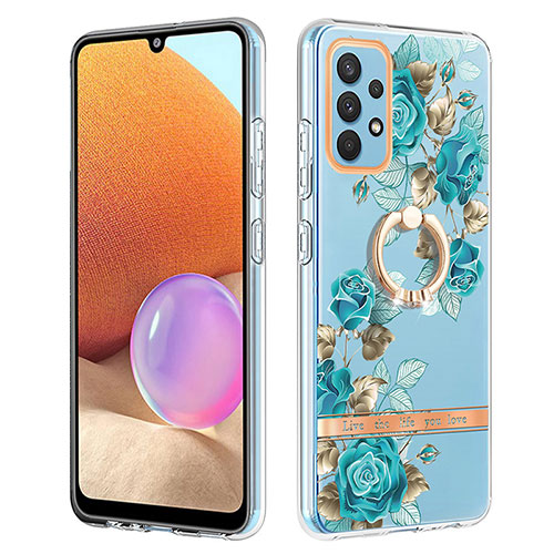 Silicone Candy Rubber Gel Fashionable Pattern Soft Case Cover with Finger Ring Stand Y06B for Samsung Galaxy A32 4G Cyan