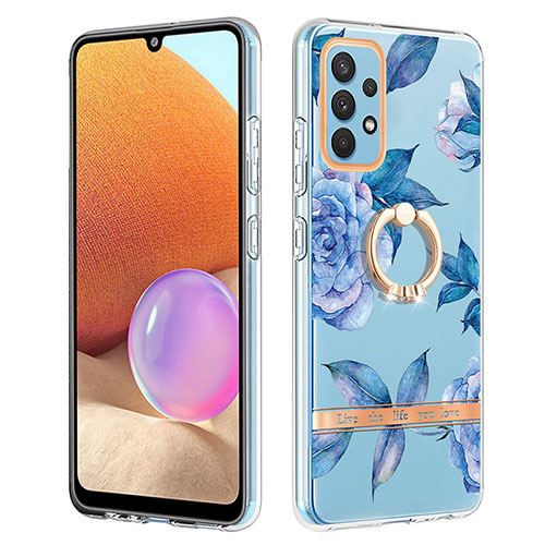 Silicone Candy Rubber Gel Fashionable Pattern Soft Case Cover with Finger Ring Stand Y06B for Samsung Galaxy M32 5G Blue