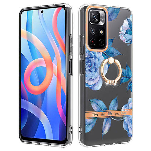 Silicone Candy Rubber Gel Fashionable Pattern Soft Case Cover with Finger Ring Stand Y06B for Xiaomi Poco M4 Pro 5G Blue