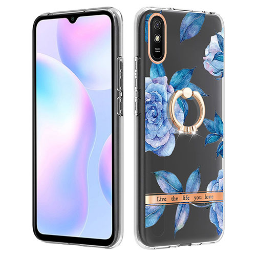 Silicone Candy Rubber Gel Fashionable Pattern Soft Case Cover with Finger Ring Stand Y06B for Xiaomi Redmi 9i Blue