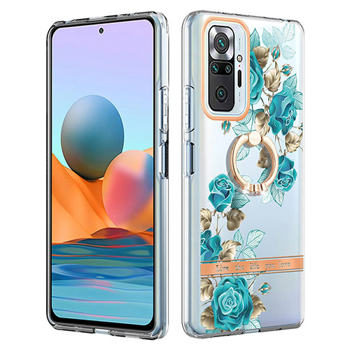 Silicone Candy Rubber Gel Fashionable Pattern Soft Case Cover with Finger Ring Stand Y06B for Xiaomi Redmi Note 10 Pro 4G Cyan