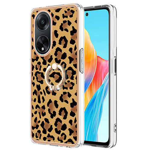 Silicone Candy Rubber Gel Fashionable Pattern Soft Case Cover with Finger Ring Stand YB2 for Oppo A98 5G Brown