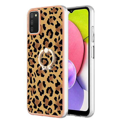 Silicone Candy Rubber Gel Fashionable Pattern Soft Case Cover with Finger Ring Stand YB2 for Samsung Galaxy A03s Brown
