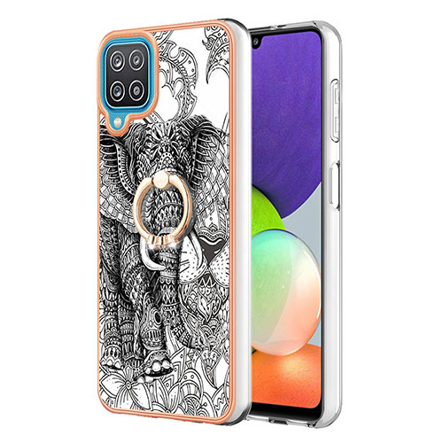 Silicone Candy Rubber Gel Fashionable Pattern Soft Case Cover with Finger Ring Stand YB2 for Samsung Galaxy A12 Nacho Gray