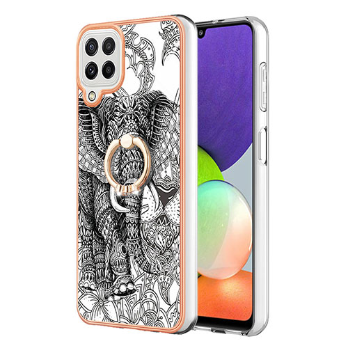 Silicone Candy Rubber Gel Fashionable Pattern Soft Case Cover with Finger Ring Stand YB2 for Samsung Galaxy A22 4G Gray