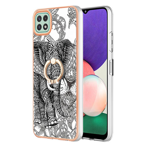 Silicone Candy Rubber Gel Fashionable Pattern Soft Case Cover with Finger Ring Stand YB2 for Samsung Galaxy A22 5G Gray