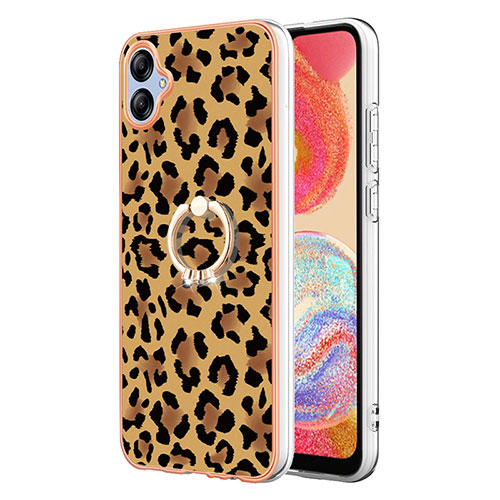 Silicone Candy Rubber Gel Fashionable Pattern Soft Case Cover with Finger Ring Stand YB2 for Samsung Galaxy F04 Brown