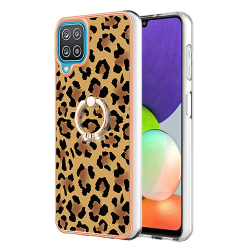 Silicone Candy Rubber Gel Fashionable Pattern Soft Case Cover with Finger Ring Stand YB2 for Samsung Galaxy M12 Brown