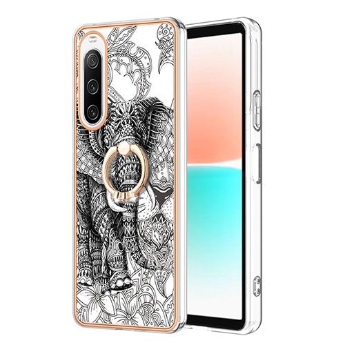 Silicone Candy Rubber Gel Fashionable Pattern Soft Case Cover with Finger Ring Stand YB2 for Sony Xperia 10 IV Gray