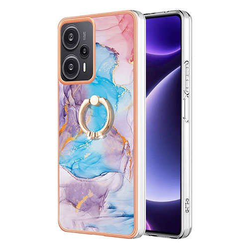 Silicone Candy Rubber Gel Fashionable Pattern Soft Case Cover with Finger Ring Stand YB3 for Xiaomi Poco F5 5G Blue