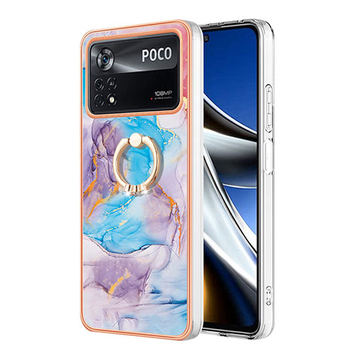 Silicone Candy Rubber Gel Fashionable Pattern Soft Case Cover with Finger Ring Stand YB3 for Xiaomi Poco X4 Pro 5G Blue