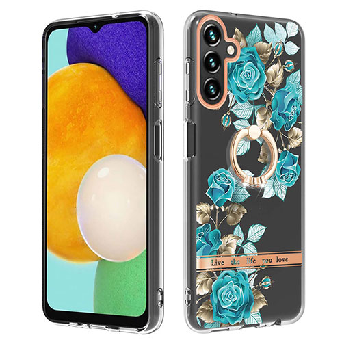 Silicone Candy Rubber Gel Fashionable Pattern Soft Case Cover with Finger Ring Stand YB6 for Samsung Galaxy A54 5G Cyan