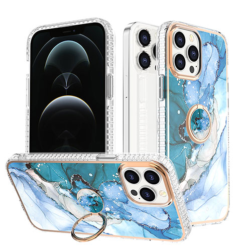 Silicone Candy Rubber Gel Fashionable Pattern Soft Case Cover with Finger Ring Stand YJ1 for Apple iPhone 13 Pro Blue