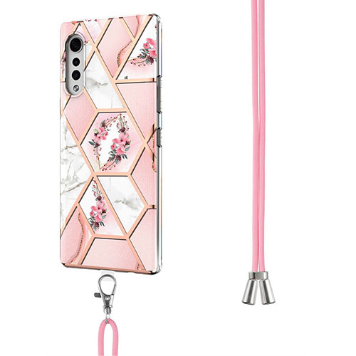 Silicone Candy Rubber Gel Fashionable Pattern Soft Case Cover with Lanyard Strap Y01B for LG Velvet 4G Pink