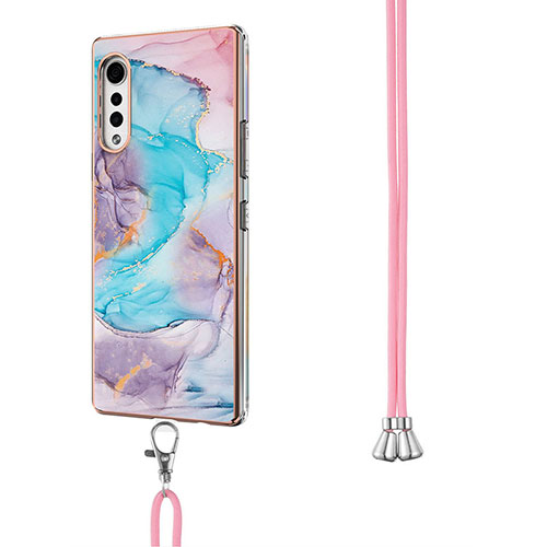 Silicone Candy Rubber Gel Fashionable Pattern Soft Case Cover with Lanyard Strap Y01B for LG Velvet 5G Blue