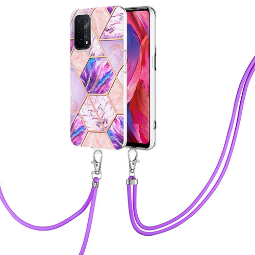 Silicone Candy Rubber Gel Fashionable Pattern Soft Case Cover with Lanyard Strap Y01B for OnePlus Nord N200 5G Clove Purple