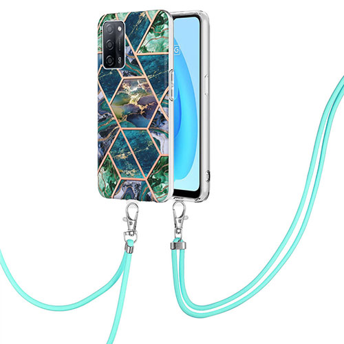 Silicone Candy Rubber Gel Fashionable Pattern Soft Case Cover with Lanyard Strap Y01B for Oppo A53s 5G Midnight Green