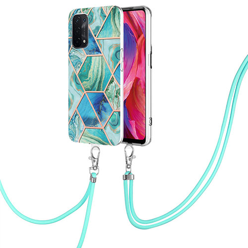 Silicone Candy Rubber Gel Fashionable Pattern Soft Case Cover with Lanyard Strap Y01B for Oppo A54 5G Green