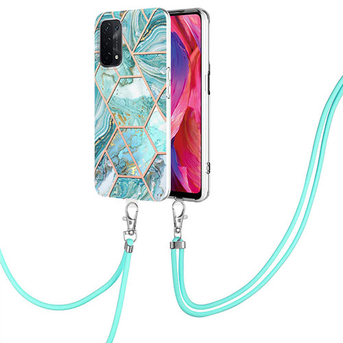 Silicone Candy Rubber Gel Fashionable Pattern Soft Case Cover with Lanyard Strap Y01B for Oppo A74 5G Matcha Green