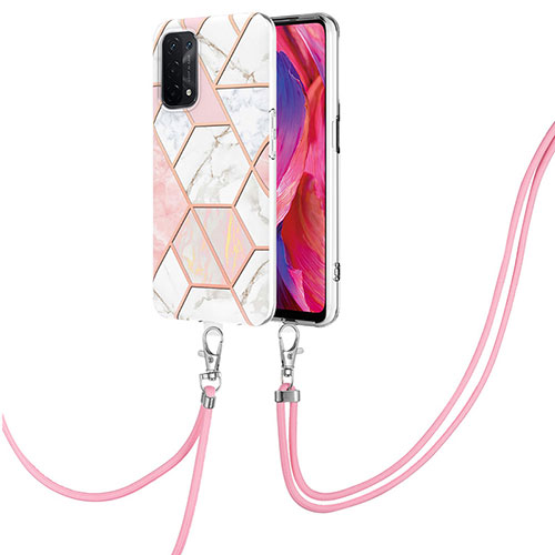 Silicone Candy Rubber Gel Fashionable Pattern Soft Case Cover with Lanyard Strap Y01B for Oppo A74 5G Pink