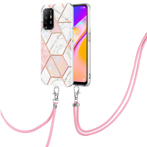 Silicone Candy Rubber Gel Fashionable Pattern Soft Case Cover with Lanyard Strap Y01B for Oppo A94 5G Pink