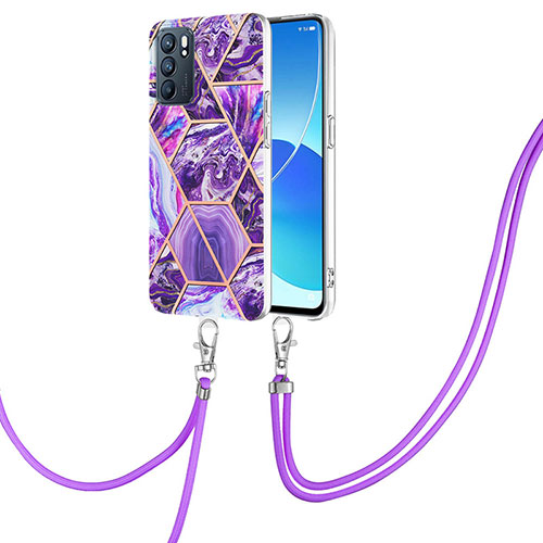 Silicone Candy Rubber Gel Fashionable Pattern Soft Case Cover with Lanyard Strap Y01B for Oppo Reno6 5G Purple