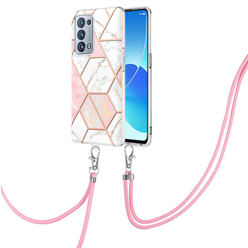 Silicone Candy Rubber Gel Fashionable Pattern Soft Case Cover with Lanyard Strap Y01B for Oppo Reno6 Pro 5G Pink