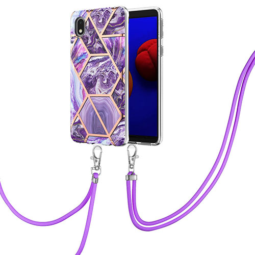 Silicone Candy Rubber Gel Fashionable Pattern Soft Case Cover with Lanyard Strap Y01B for Samsung Galaxy A01 Core Purple