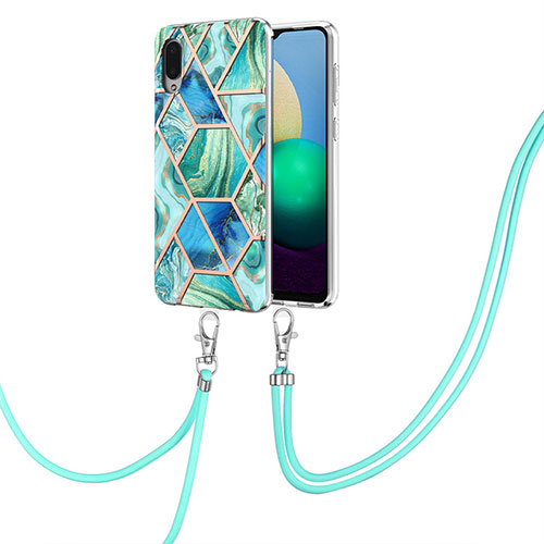Silicone Candy Rubber Gel Fashionable Pattern Soft Case Cover with Lanyard Strap Y01B for Samsung Galaxy A02 Green