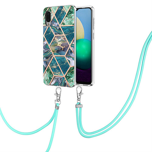 Silicone Candy Rubber Gel Fashionable Pattern Soft Case Cover with Lanyard Strap Y01B for Samsung Galaxy A02 Midnight Green