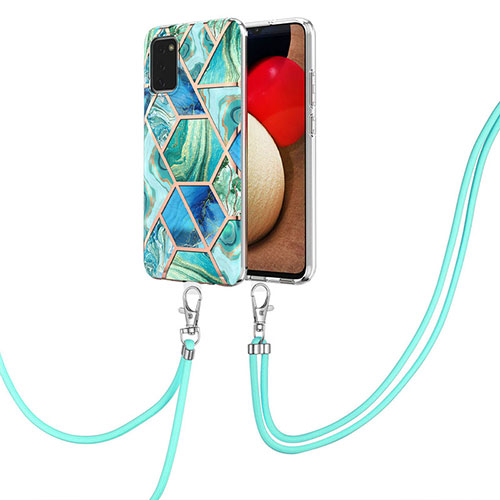 Silicone Candy Rubber Gel Fashionable Pattern Soft Case Cover with Lanyard Strap Y01B for Samsung Galaxy A03s Green