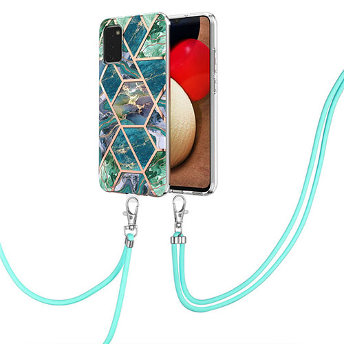 Silicone Candy Rubber Gel Fashionable Pattern Soft Case Cover with Lanyard Strap Y01B for Samsung Galaxy A03s Midnight Green