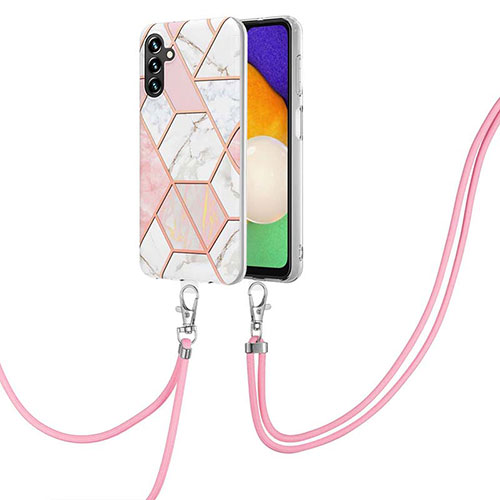 Silicone Candy Rubber Gel Fashionable Pattern Soft Case Cover with Lanyard Strap Y01B for Samsung Galaxy A04s Pink