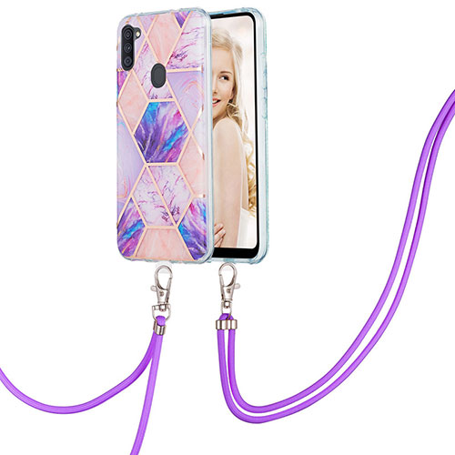 Silicone Candy Rubber Gel Fashionable Pattern Soft Case Cover with Lanyard Strap Y01B for Samsung Galaxy A11 Clove Purple