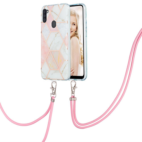 Silicone Candy Rubber Gel Fashionable Pattern Soft Case Cover with Lanyard Strap Y01B for Samsung Galaxy A11 Pink