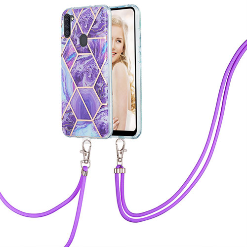 Silicone Candy Rubber Gel Fashionable Pattern Soft Case Cover with Lanyard Strap Y01B for Samsung Galaxy A11 Purple