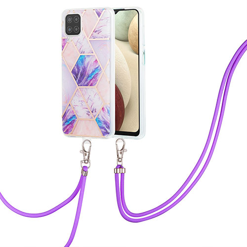 Silicone Candy Rubber Gel Fashionable Pattern Soft Case Cover with Lanyard Strap Y01B for Samsung Galaxy A12 5G Clove Purple