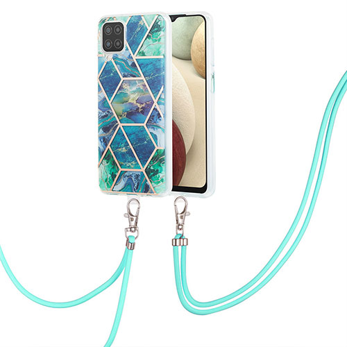 Silicone Candy Rubber Gel Fashionable Pattern Soft Case Cover with Lanyard Strap Y01B for Samsung Galaxy A12 Midnight Green