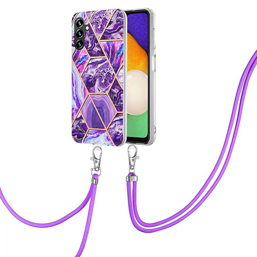 Silicone Candy Rubber Gel Fashionable Pattern Soft Case Cover with Lanyard Strap Y01B for Samsung Galaxy A13 5G Purple