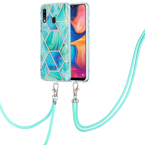 Silicone Candy Rubber Gel Fashionable Pattern Soft Case Cover with Lanyard Strap Y01B for Samsung Galaxy A20 Green