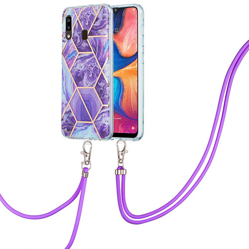 Silicone Candy Rubber Gel Fashionable Pattern Soft Case Cover with Lanyard Strap Y01B for Samsung Galaxy A20 Purple