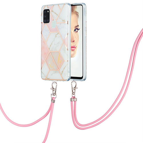 Silicone Candy Rubber Gel Fashionable Pattern Soft Case Cover with Lanyard Strap Y01B for Samsung Galaxy A21s Pink