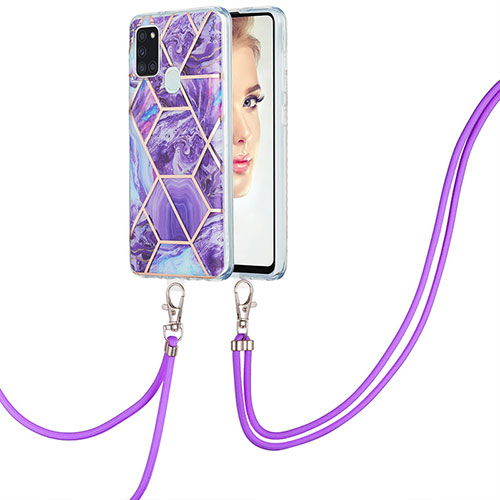 Silicone Candy Rubber Gel Fashionable Pattern Soft Case Cover with Lanyard Strap Y01B for Samsung Galaxy A21s Purple